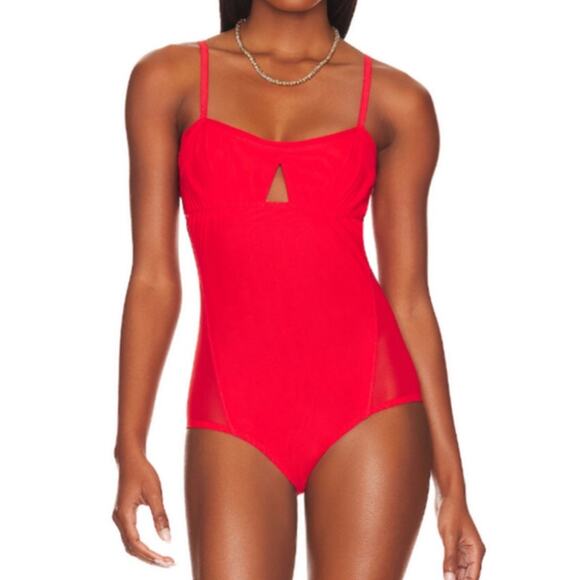 HAH X FREE PEOPLE Cut Out Bodysuit S Blood Orange Feminine Party Mesh Boho NWT - Picture 1 of 13